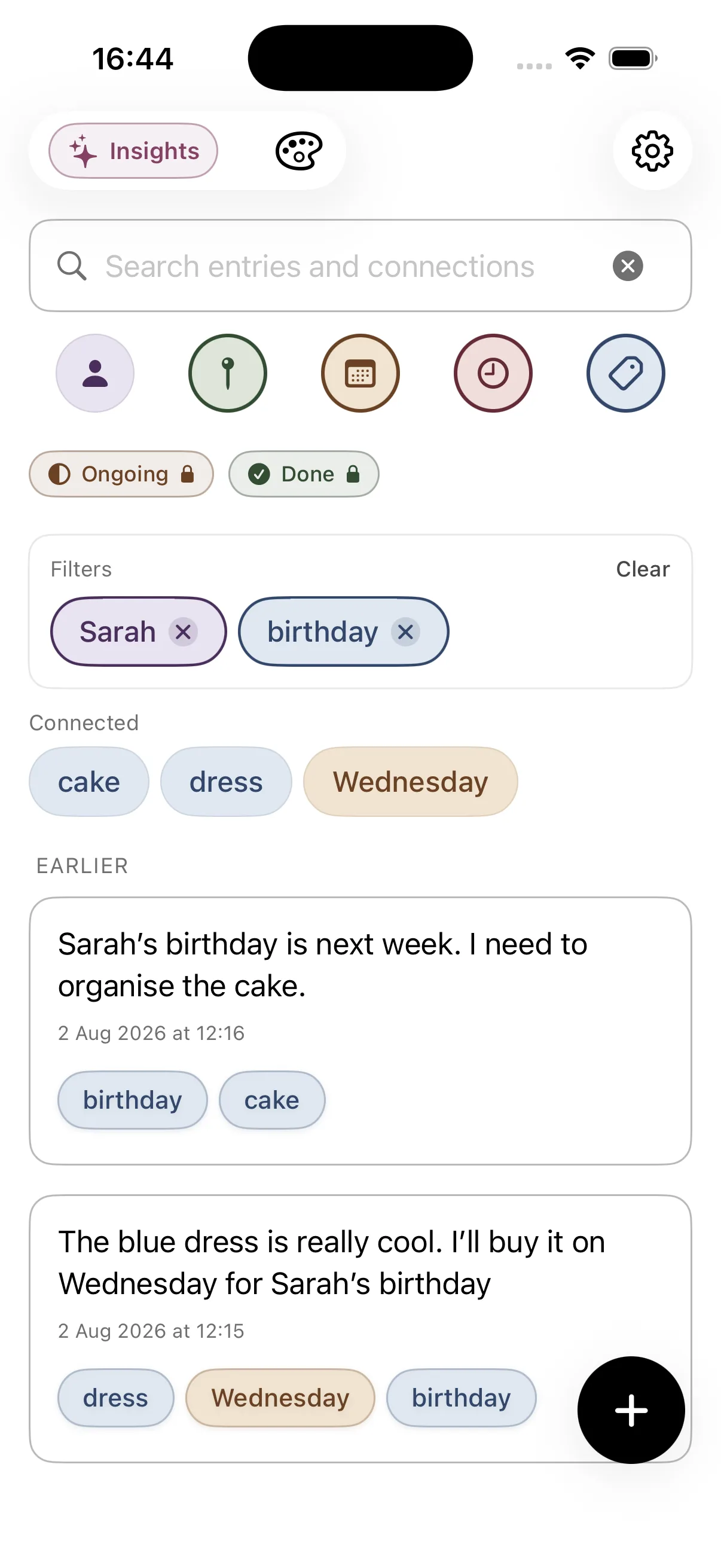 Onuri filtering notes by Sarah and birthday, with connected terms cake, dress and Wednesday