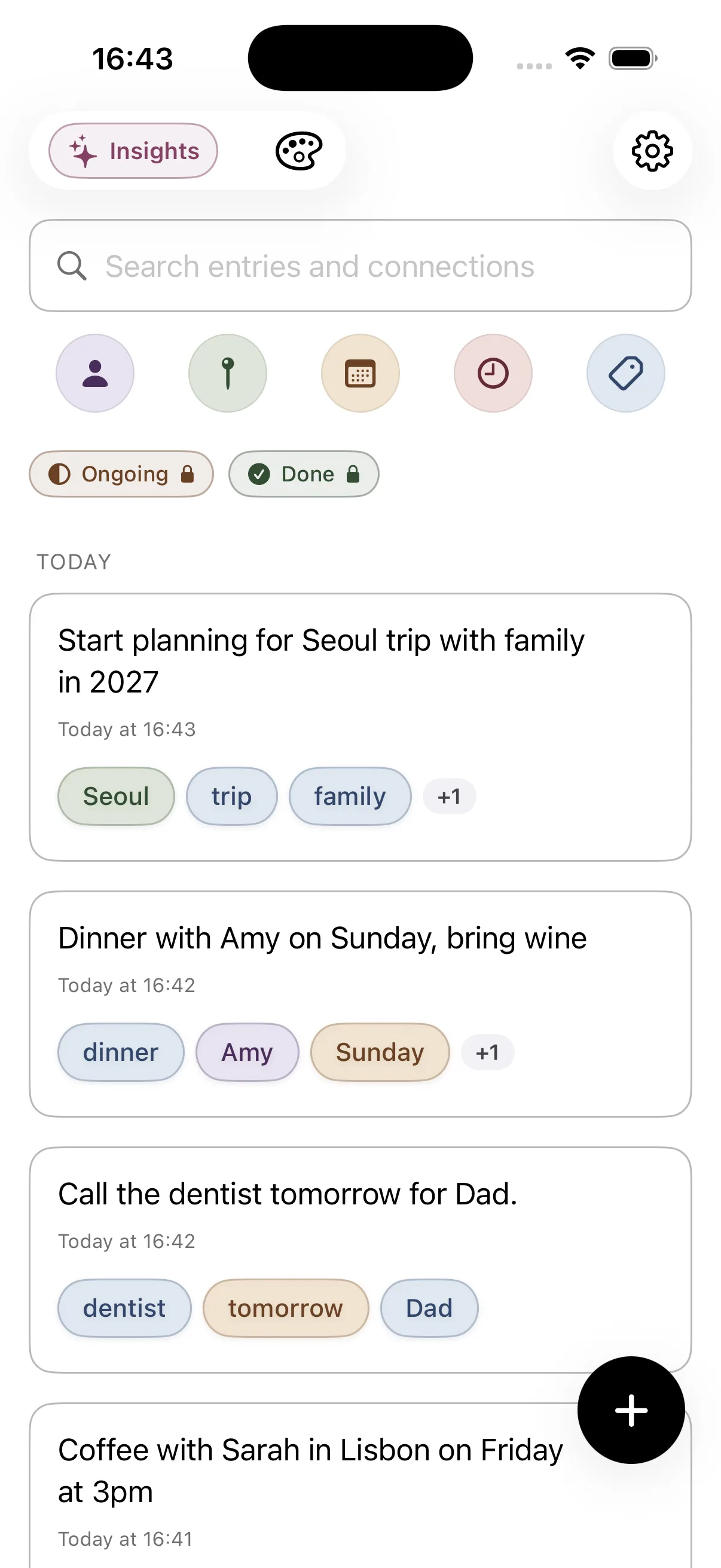 Onuri v2 home screen with people, place, date, time and topic filters and notes with detected pills