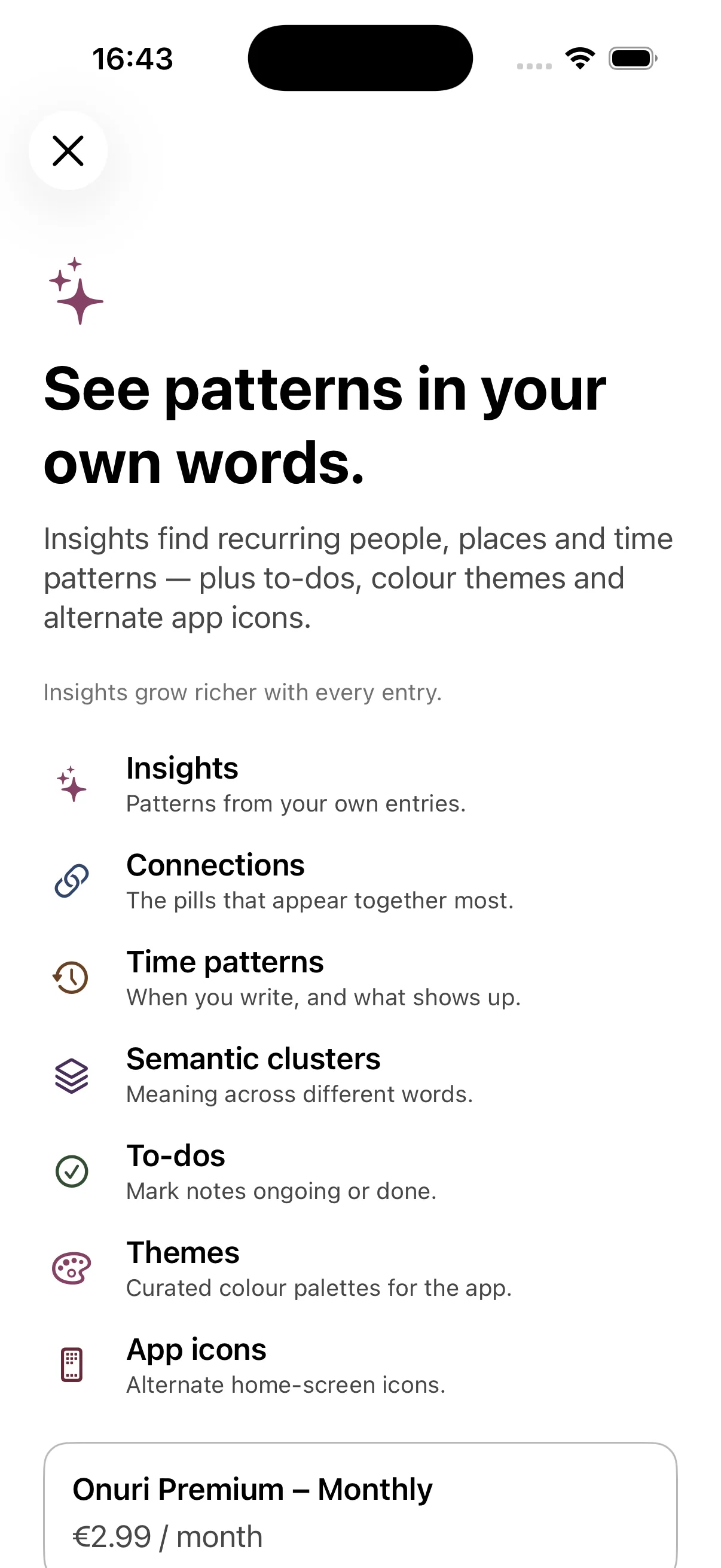 Onuri Premium screen listing Insights, connections, time patterns, semantic clusters and to-dos