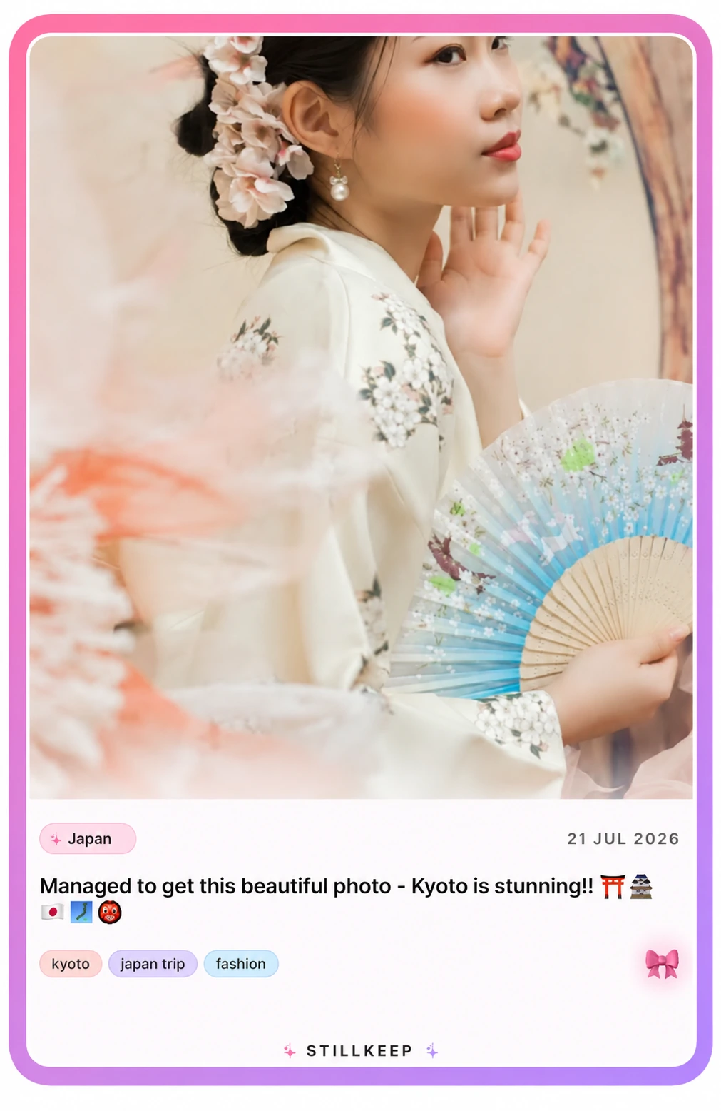 Stillkeep photocard showing a memory from Japan with its story, date, emojis and tags