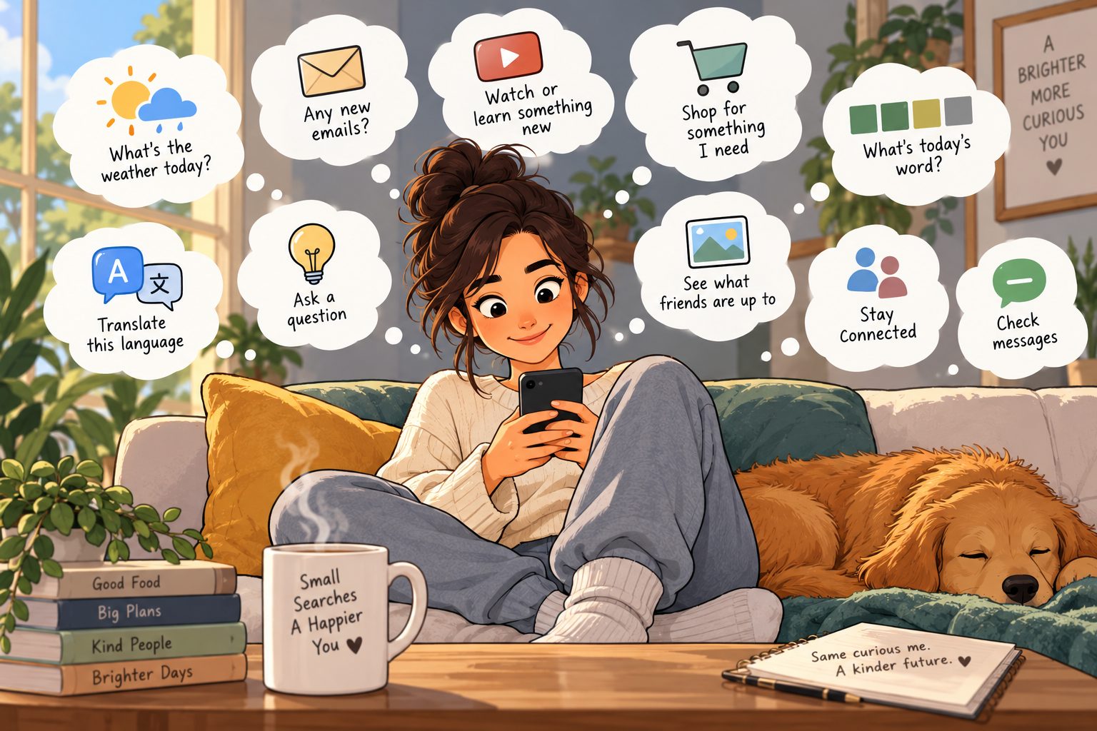 Cartoon illustration of a person using a phone while thinking about everyday searches such as weather, email, videos, shopping, translation, questions, photos and messages