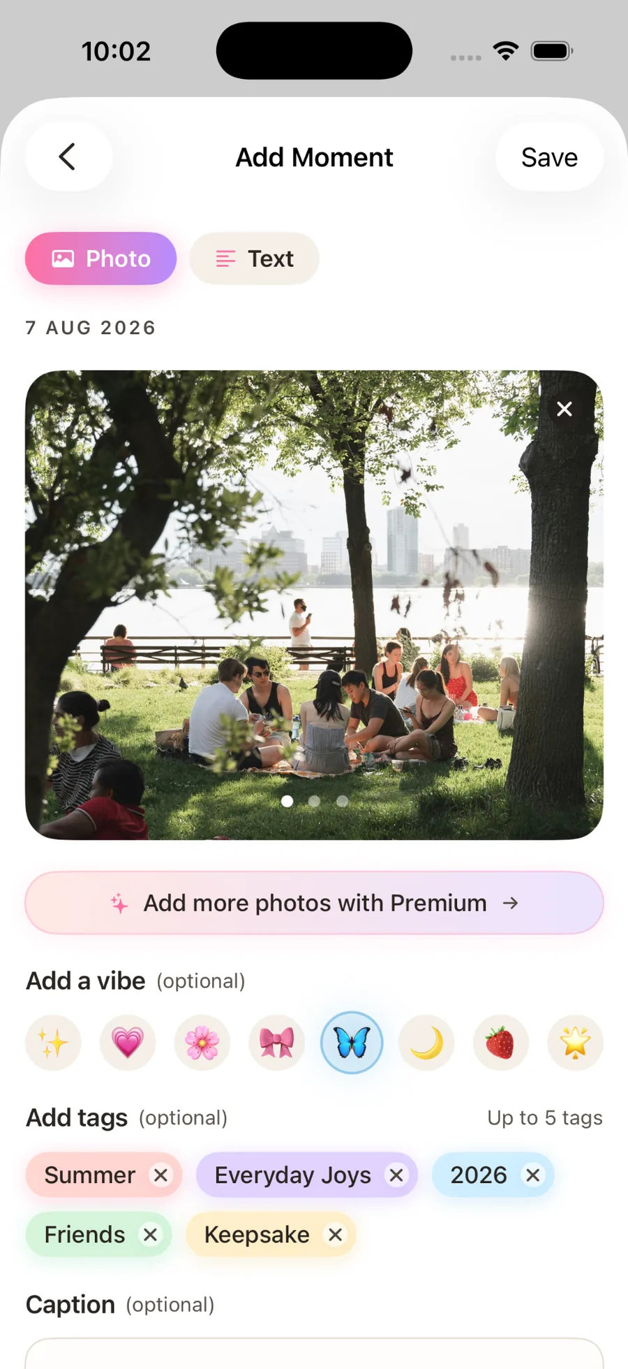 Adding a photo journal moment with photos, vibe, tags and caption
