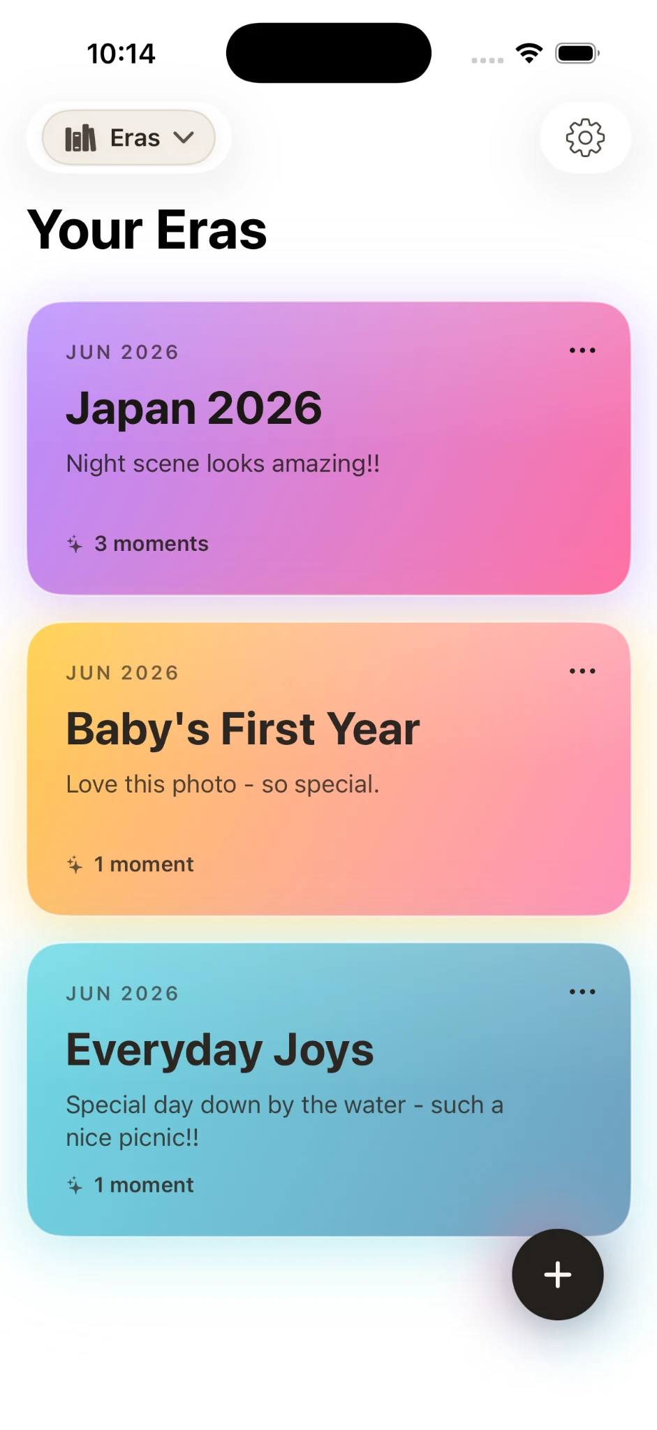 Stillkeep Eras screen showing life chapters including Japan 2026 and Baby's First Year