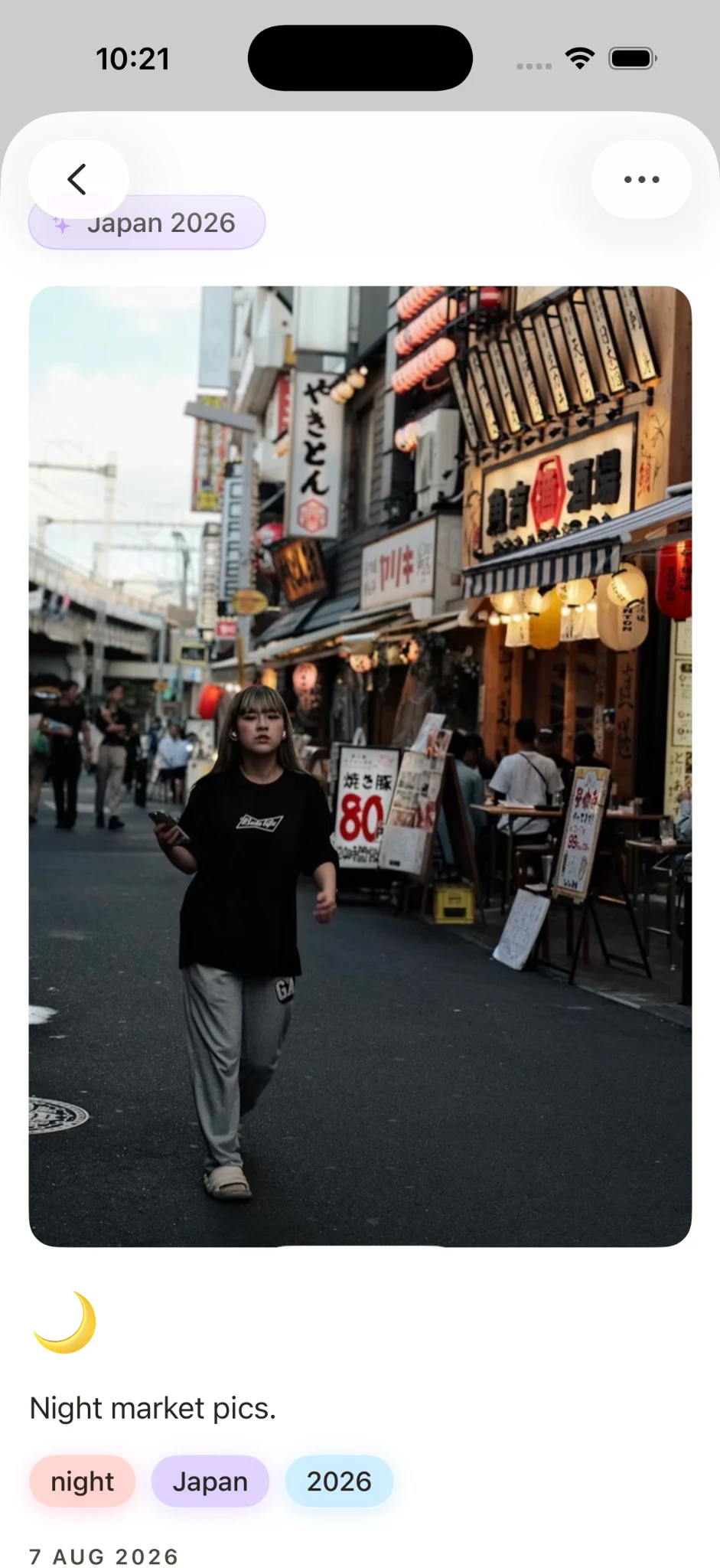 Full Stillkeep memory view showing a travel photograph with caption, vibe, tags and date