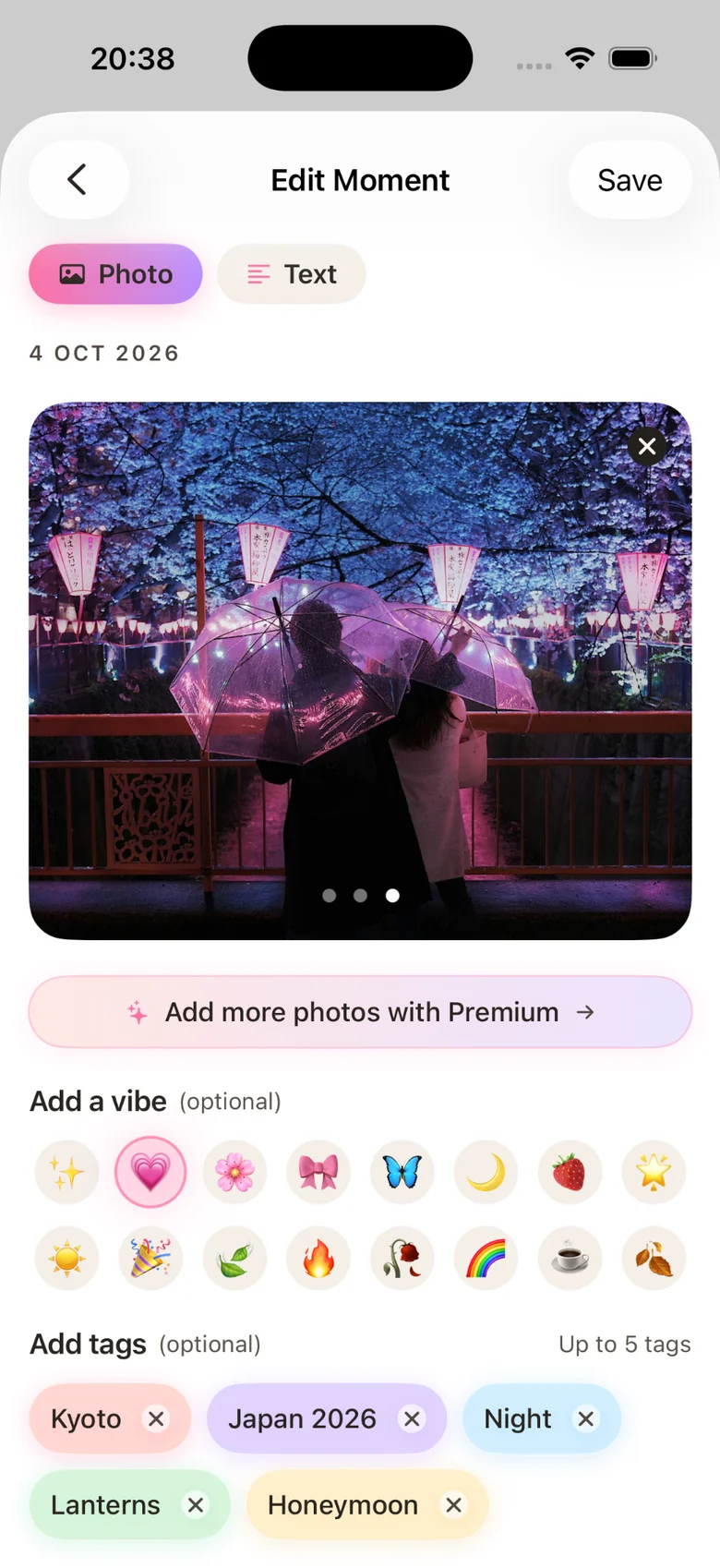 Moment editor: tags for a Kyoto memory.