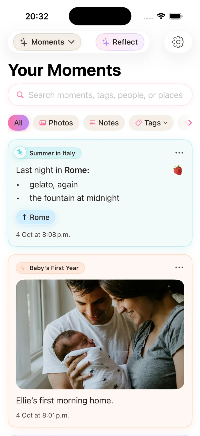 Moments feed: personal notes and family photos together.