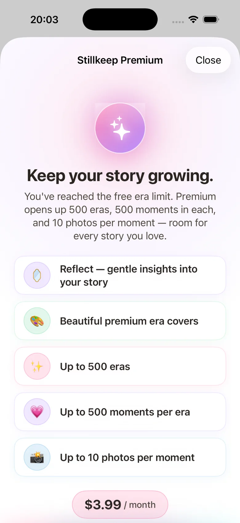 Stillkeep Premium screen listing expanded journal limits and additional features