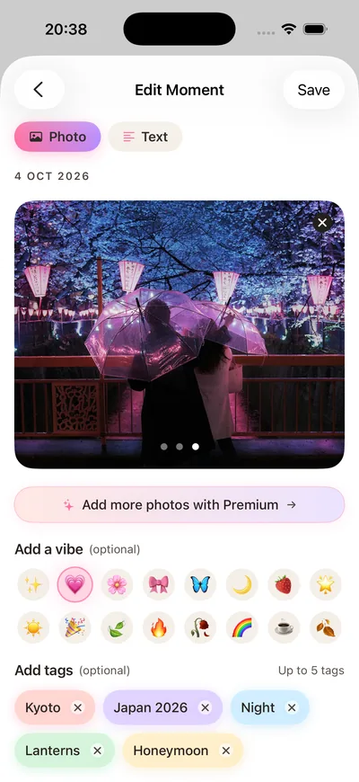 Stillkeep Edit Moment screen with a photo, vibe emojis and tags