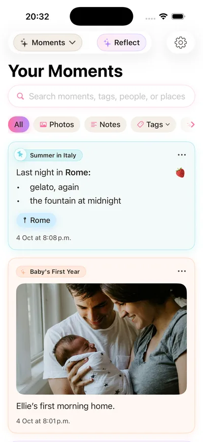Stillkeep Moments feed with search for moments, tags, people and places