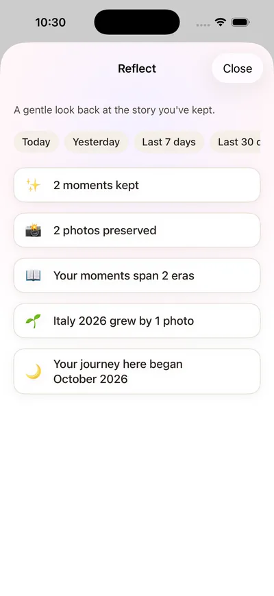 Stillkeep Reflect screen giving a gentle look back at moments kept